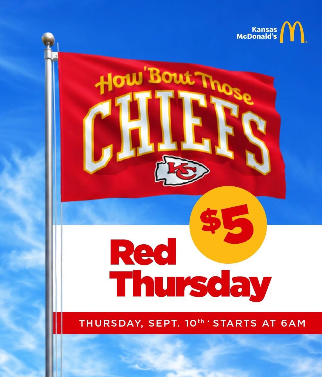 Promotional graphic for the Red Thursday fundraiser featuring a $5 Kansas City Chiefs flag at McDonald's.