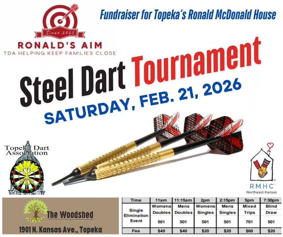 The Topeka Dart Association flyer for the steel dart tournamentt they hosted to benefit the Ronald McDonald House Northeast Kansas