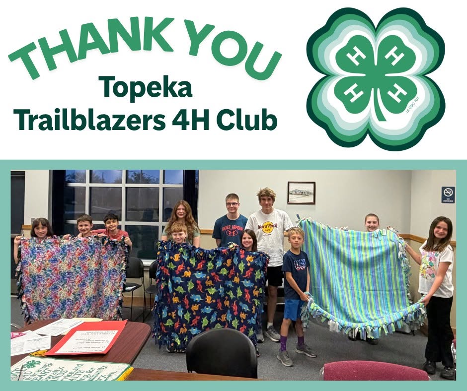 Topeka Trailblazers 4-H club members showing blankets they made for the Ronald McDonald House Northeast Kansas.